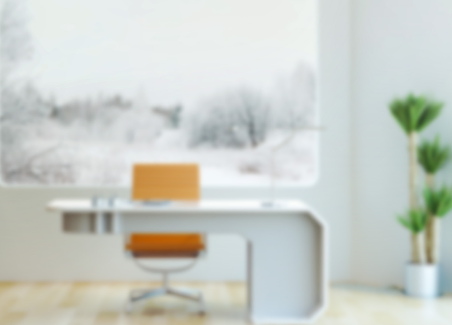 A modern professional office setting with warm orange accents, a desk, and a winter forest mural on the wall